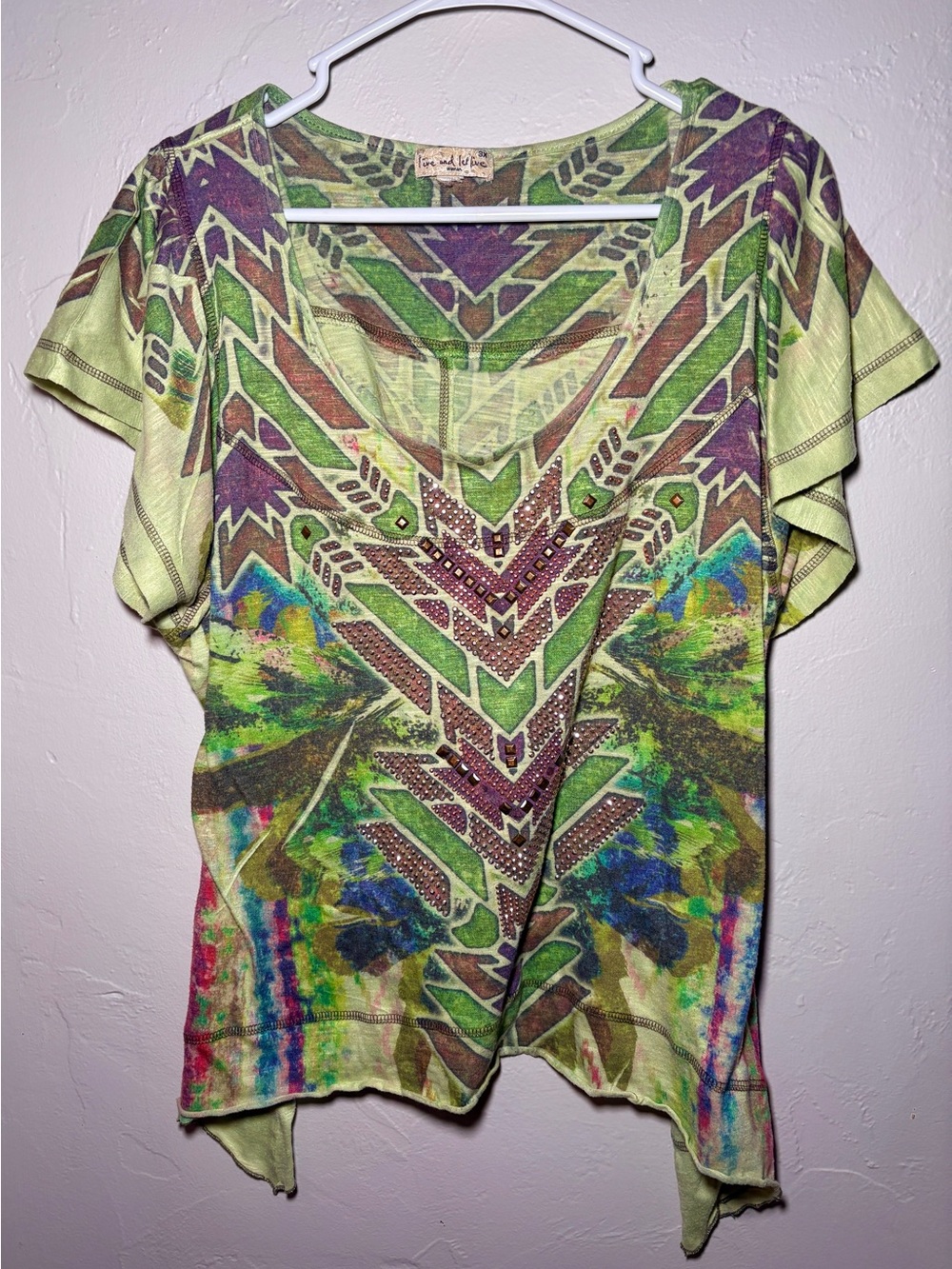 One World Live and Let Live 3X Top Y2K Fairycore Boho Embellished